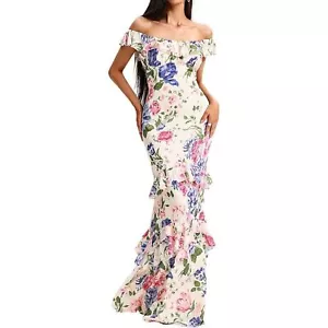 NEW Jardinvue Floral Tiered Ruffle Hem Fishtail Maxi Dress Gown Size Medium - Picture 1 of 10