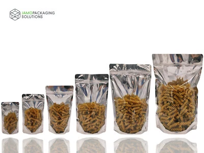 JAMO SOLUTIONS Mylar Stand Up One Side Transparent Bags GRIP SEAL Silver Shine / Sealable Pouch