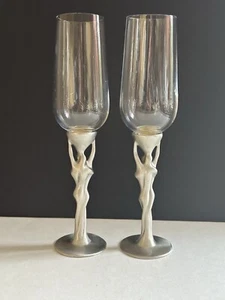 2 Baker Art Foundry Fine Pewter Champagne Glasses Art Deco Style Nude 9 1/8” - Picture 1 of 19