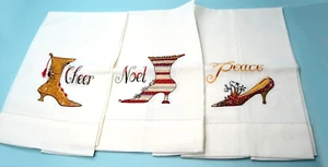 3 GRANDINROAD Cotton Embroidered Christmas teaTowels SHOES - Picture 1 of 2