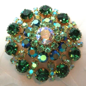AUSTRIA *Rhinestone Domed Brooch/Pin* Aqua, Blue, Green Vintage Signed - Picture 1 of 5