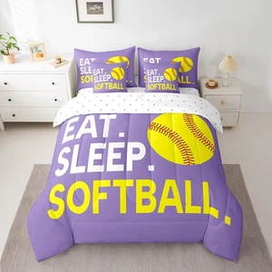 Softball Comforter Set with Sheets Size Purple Sports Twin Purple White Yellow - Picture 1 of 7