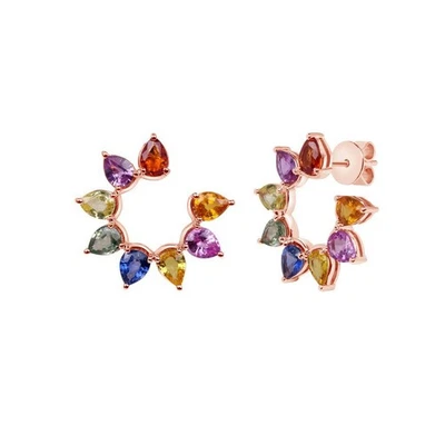 14K Rose Gold 5.56 CT Multicolor Pear cut Sapphires Hoop Earrings - Image 1 of 4