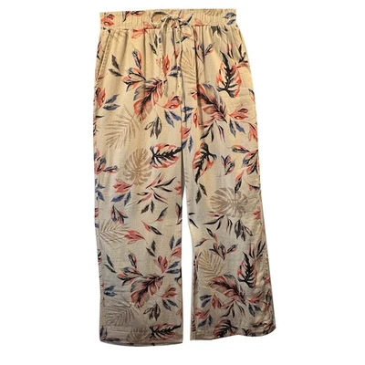 Briggs wide-leg tropical pants, drawstring waist, size Large, beige floral - Image 1 of 4