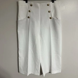 NWT Women’s Zara White Wide Leg Cropped Pants Gold Buttons Size 2XL Sailor - Picture 1 of 13