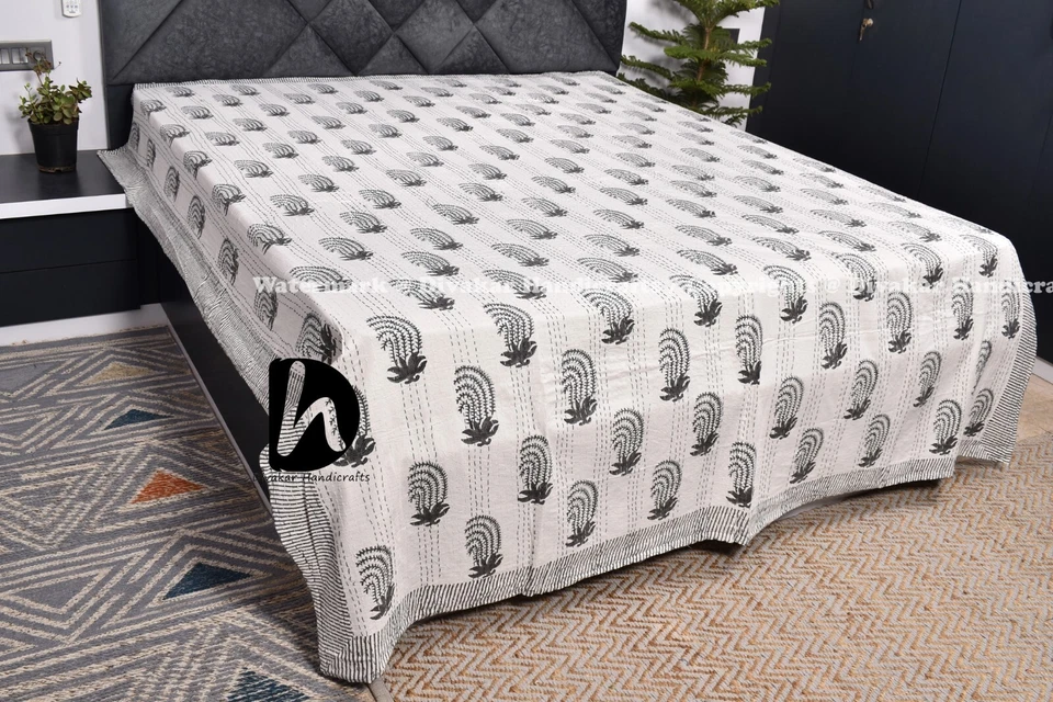 Cotton Blankets Kantha Quilt Ralli Hand-stiched Throw King Size Ethnic Coverlets - Image 1 of 1