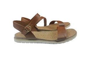 Sun Stone Women Ankle Strap Open Toe Flat Sandal Brown faux leather 11 (lot 1080 - Picture 1 of 10