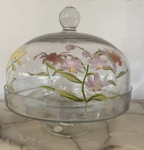 Vintage 10" Diameter Pedestal Cake Plate Glass & Painted Flower Glass Dome Lid - Picture 1 of 8