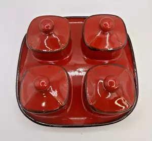 Servidor de 4 condimentos Pottery Barn rojo con tapas barbacoa picnic gres hecho en Italia - Imagen 1 de 5