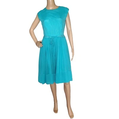 Vestido de festa vintage anos 50 RK Originals turquesa chiffon lantejoulas cinto frisado - Imagem 1 de 4