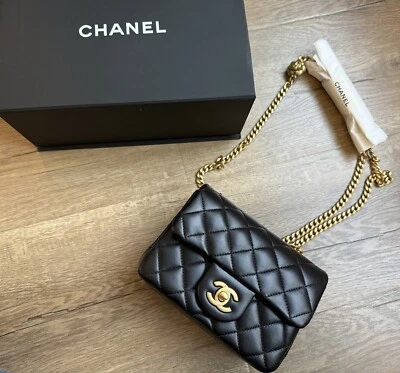 New Chanel Mini Square CF17 Coco Flap Black Adjustable camellia Lambskin GHW 25P - Image 1 of 4