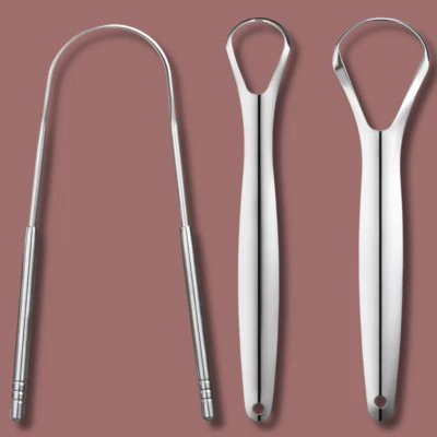 Raspador de lengua de metal de 3 piezas, raspadores de lengua para adultos niños, acero inoxidable Foto 1 de 4