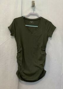 Motherhood Womens Maternity T-Shirt Green Side Ruched V Neck Stretch Tee S New