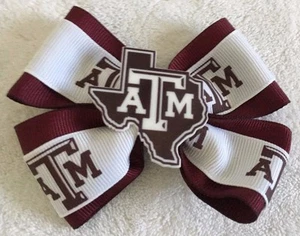 Girls Hair Bow 4" Wide Texas A&M Aggies Burgundy Ribbon Logo French Barrette - Picture 1 of 2
