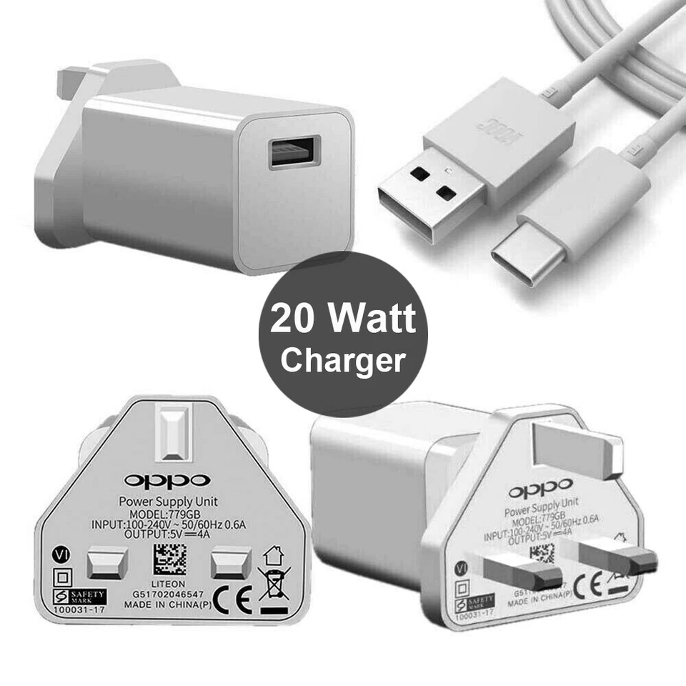 Genuine OPPO Charger VOOC 20W Fast Rapid UK Mains Plug USB-A To USB-C Cable - Image 1 of 4