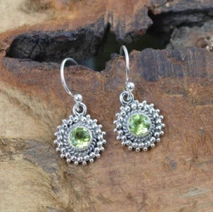 Green Peridot Round Gemstone 925 Sterling Silver Handmade Earrings Gift For Her - Picture 1 of 6