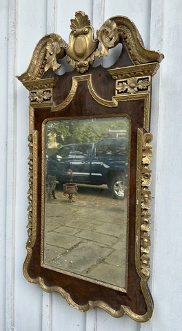 Antique George II Style Carved Walnut & Parcel Gilt Scroll Top Wall Mirror Cover
