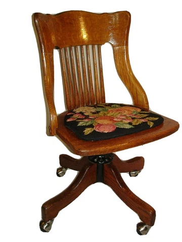 Antique HB & W Co. Heywood Wakefield Swivel Banker's Oak Desk Chair Needlepoint Cover