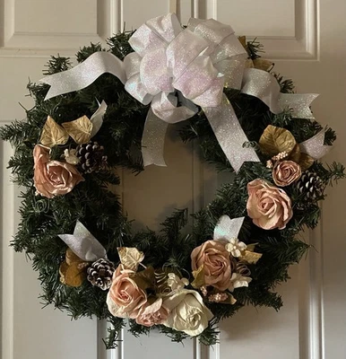 Handmade Victorian Look Christmas Wreath Roses Pinecones Shiney White Ribbon 20” - Image 1 of 2