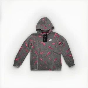 Nike Girls' 3D Printed Hoodie Medium Carbon Heather/Fireberry/White Sportswear - Picture 1 of 2