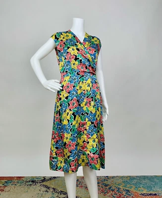 Vintage 1940s Novelty Floral Print Silk Satin Sleeveless Dress Multicolor AS IS - Image 1 of 4