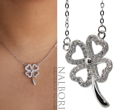 collana quadrifoglio argento 925 girocollo collier ciondolo zircone bianco donna - Immagine 1 di 4