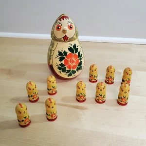 Vintage Nesting Mother Owl with 10 Babies ~ Wood Bird ~ Made in Russia - Picture 1 of 7