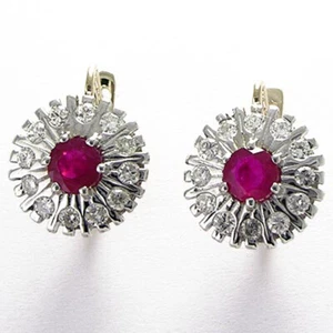 EUROPEAN JEWELRY GENUINE DIAMOND RUBY EARRINGS 14K GOLD E542 - Picture 1 of 4