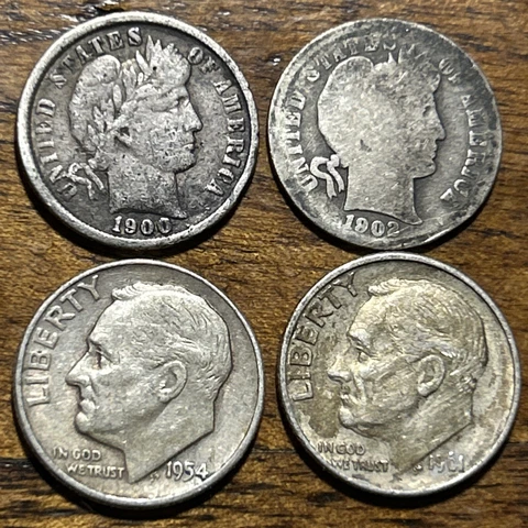Silver 1900 1914 Barber 1954 & 1961 Silver Roosevelt Dimes 4 Toned Dimes A2717 Cover