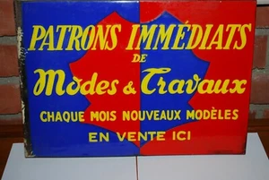 TRES RARE PLAQUE EMAILLEE DOUBLE FACES PATRONS IMMEDIATS DE MODE ET TRAVEAUX E.A - Imagen 1 de 4