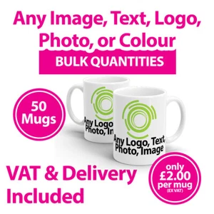 50 Promotional Mugs Cups Any Image, Text or Logo - Personalised Mugs - Printed - Picture 1 of 5