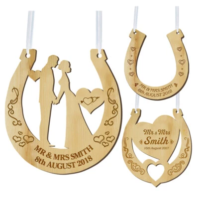 EDSG Personalised Wooden Wedding Horseshoe Mr Mrs Bridal Gift for Bride Groom Couples