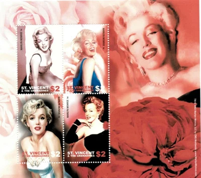 Folha de 4 selos lembrança flor St. Vincent 2004 Marilyn Monroe Scott #3188, sem marca de charneira - Imagem 1 de 2