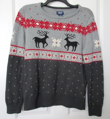 Chaps Men Gray Fair Isle Christmas Sweater Deer Reindeer Graphics Holiday Size L - Image 1 of 4