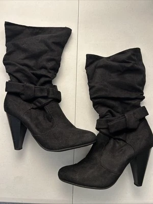 Self Esteem 8.5 Black Suede Mid Calf Slouch Boots 3.5 inch heel DEANA BOW - Image 1 of 4