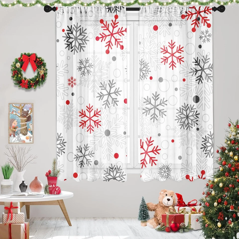 Cortinas de Navidad, Copo de Nieve de Navidad Rojo Nieve Gris Cortinas Transparentes, Varilla de Invierno Foto 1 de 4