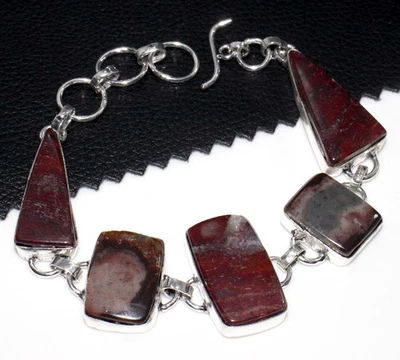 Elegante pulsera hecha a mano de jaspe rojo enchapado en plata 925 8" joyería de regalo GW Foto 1 de 3