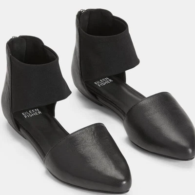 Eileen Fisher Leather Ankle Strap Flats Black D'Orsay Pointed Toe Size 8.5 - Image 1 of 4