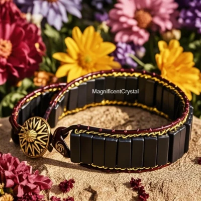 Vintage Natural Black Tourmaline Handmade Leather Healing Energy Unisex Bracelet - Image 1 of 4