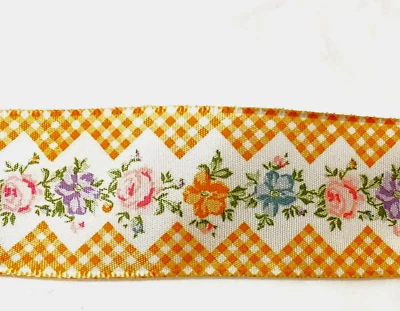 Spring Floral 1.5" x 9 yd Wired Ribbon Golden Rod Lattice Vintage Tea Stain Look - Image 1 of 2