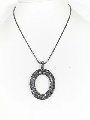 Premier Designs Gray Metallic Rhinestone Large Oval Pendant Necklace 19 in Bold Foto 1 de 4