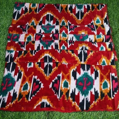 Indian Red Ikat Print Velvet Hippie Upholstery Soft Dress Making Fabric Arts - Image 1 of 4