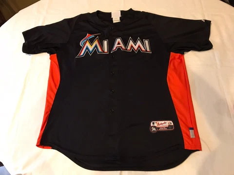 Majestic MLB Miami Marlins Jersey XL Button Down Short Sleeve Black Orange Cover
