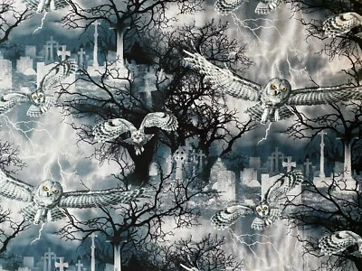 WICKED OWLS GRAVE YARD HEAD STONE OWL SPOOKY BLK WHTE GRAY COTTON FABRIC FQ - Image 1 of 4