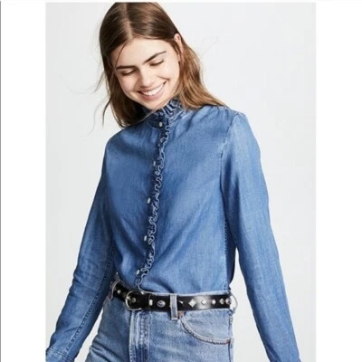 MARCO ~ ¡Nuevo! Camisa Azul Denim Esmoquin Volantes Puños Manga Larga Nueva Sin Etiquetas Talla XS Foto 1 de 4