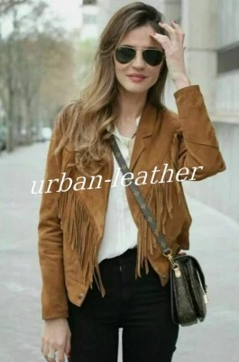 Western Women Wear Jacket Brown Suede Leather Handmade Fringe Vintage Coat - Image 1 of 4