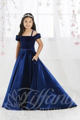 Tiffany Princess 13566 Royal Blue Velvet Satin Skirt Girls Pageant Gown sz 14 - Image 1 of 4