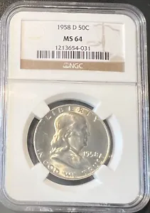 1958-D 50C Franklin Silver Half Dollar NGC MS 64 - Picture 1 of 2
