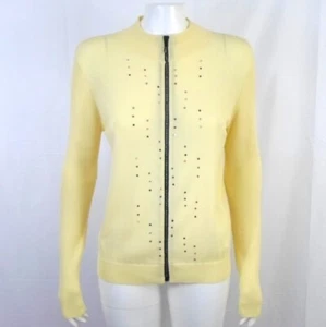 Bob Mackie Studio Full Zip Cardigan Womens M Ivory Cream Knit Rhinestones - Picture 1 of 6