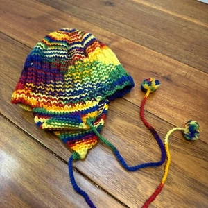 Primary Color Wool Blend Knit Winter Snow Ski Hat Cap Ear Flaps Toddlers Vintage - Picture 1 of 5
